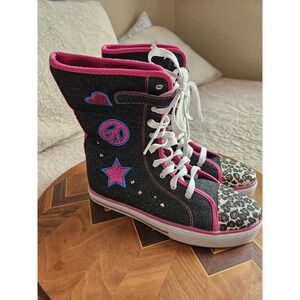 Faded Glory Girls Denim Boots Star Heart Peace Animal Print Pink Trim, 4